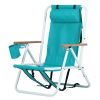 Folding Beach Chair Set of 2 for Adults, 4 Position Portable Backpack Foldable Camping Chair with Headrest Cup Holder and Wooden Armrests, Green